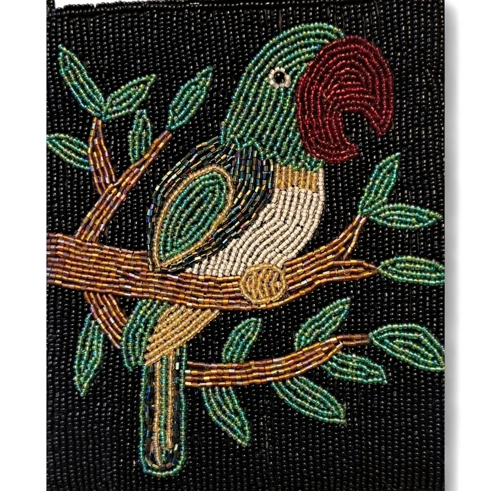 Vintage ERMO Beaded Parrot Crossbody Bag Black Embroidered